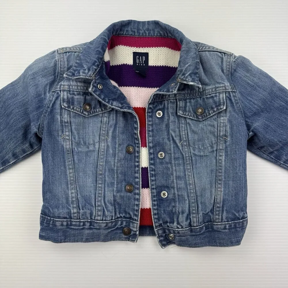 GAP Kids Denim Jean Jacket Colorful Striped Sweater Lining Size Small 6-7